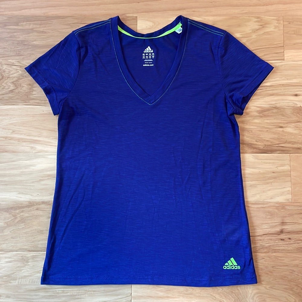 Adidas Woman’s Climalite T-Shirt. Purple w/Green stitching. Large.